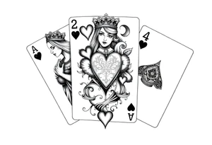 3 playing cards a Queen of heart, 2 of hearts and a 4 of hearts tattoo idea