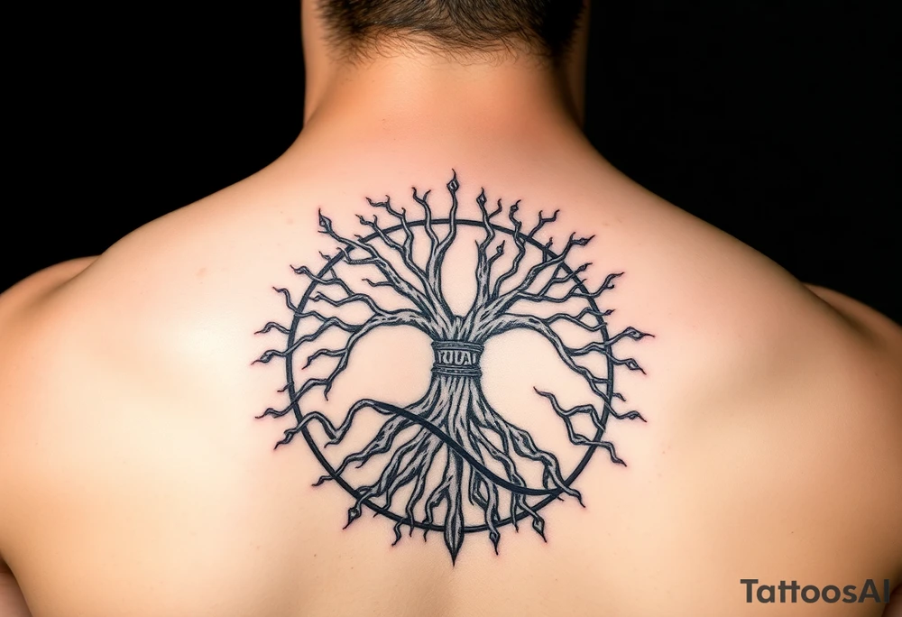 yggadrisl tree of life with circle. names Jai , Phoebe, Imogen, Matilda in the circle tattoo idea