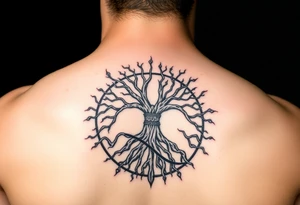 yggadrisl tree of life with circle. names Jai , Phoebe, Imogen, Matilda in the circle tattoo idea