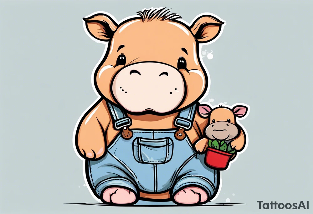 Baby hippo wearing overalls and holding a stuffed moose tattoo idea