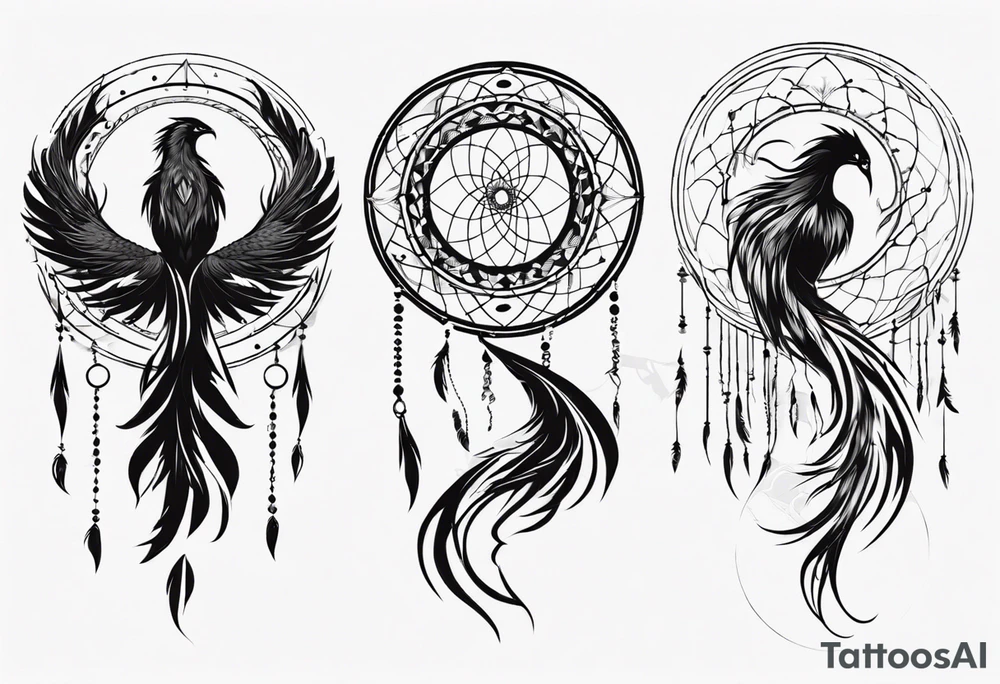 Vertical screaming Phoenix in circles with abstract dream catcher tail tattoo idea