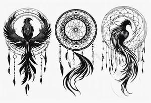 Vertical screaming Phoenix in circles with abstract dream catcher tail tattoo idea