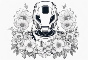 Ghost dressed like a robot, surrounded by flowers, tattoo idea