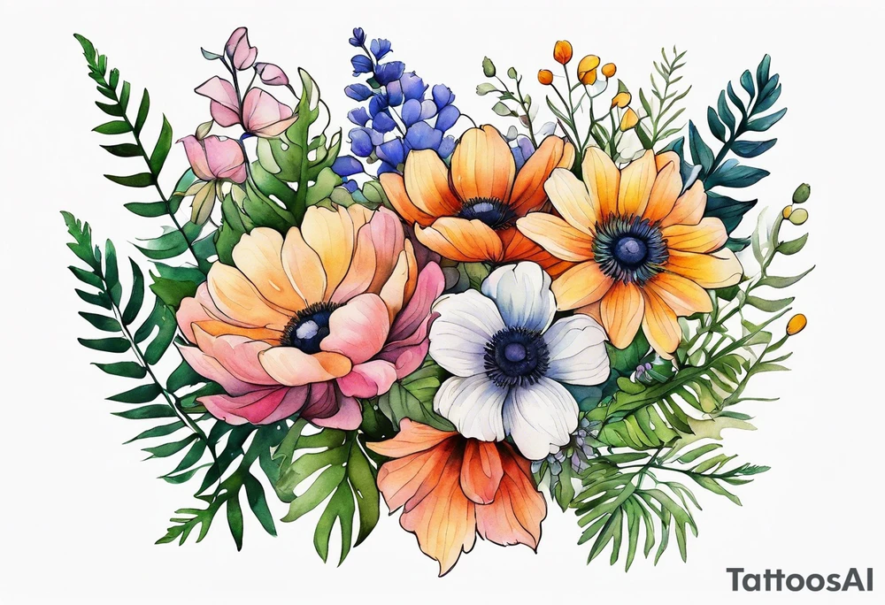 Minimalist Multicolored wild flowers bouquet with ferns and white anemone all watercolor tattoo idea