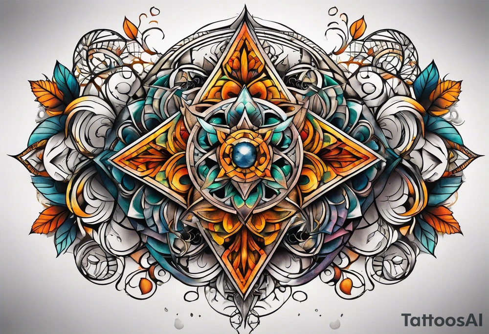 front knee tattoo with sacred geometry, swirls & washes, background and in fall colors tattoo idea