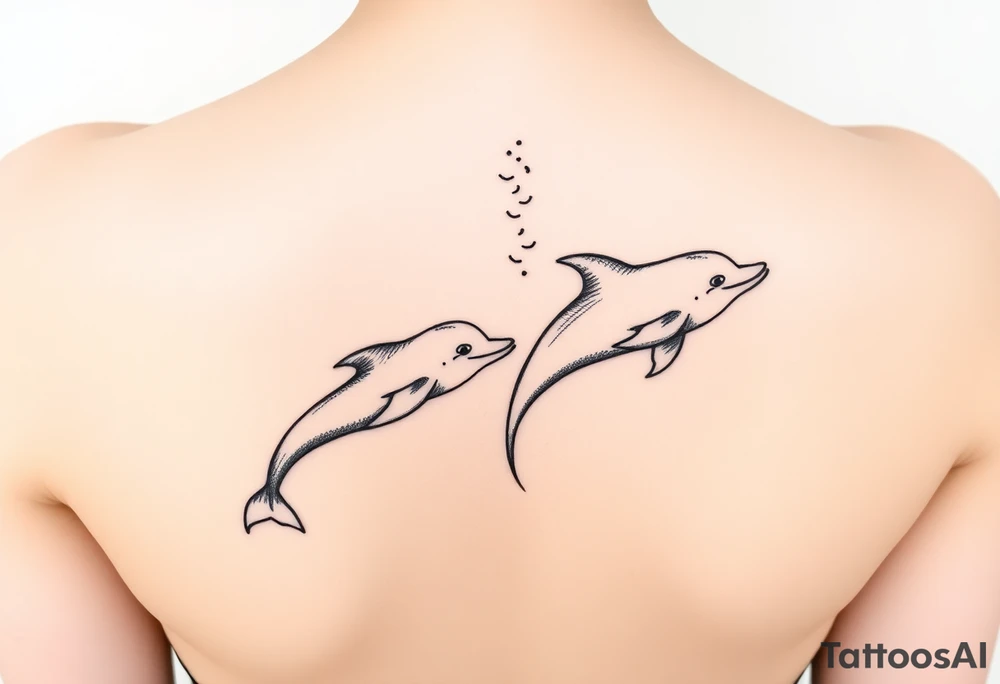 Two Dolphins swimming on spine with small line work on top and bottom that looks like waves tattoo idea