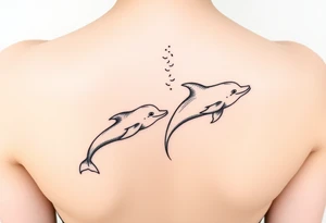 Two Dolphins swimming on spine with small line work on top and bottom that looks like waves tattoo idea