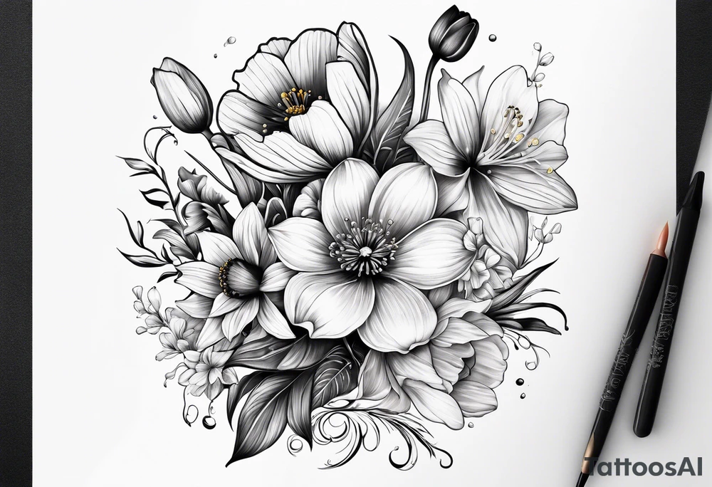 Poppy, water lily, Lily of the valley, daffodil, cosmo flower bouquet tattoo idea