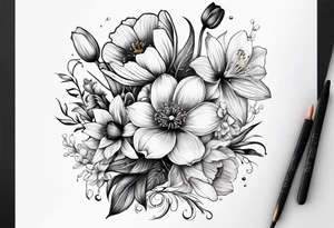 Poppy, water lily, Lily of the valley, daffodil, cosmo flower bouquet tattoo idea