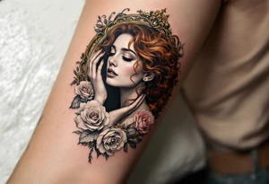 Alfons Mucha’s graceful woman with flowing auburn hair, framed by ornate golden floral patterns and soft pastel roses. tattoo idea