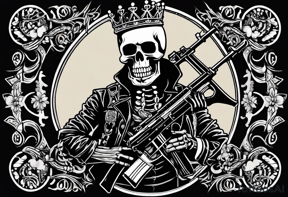 image of a skeleton standing frontally with a crown on his head, holding an AK-47 on his shoulder with his right hand. The chain on the left should be taut, there are three angry barking Dobermans in it, near the waist tattoo idea