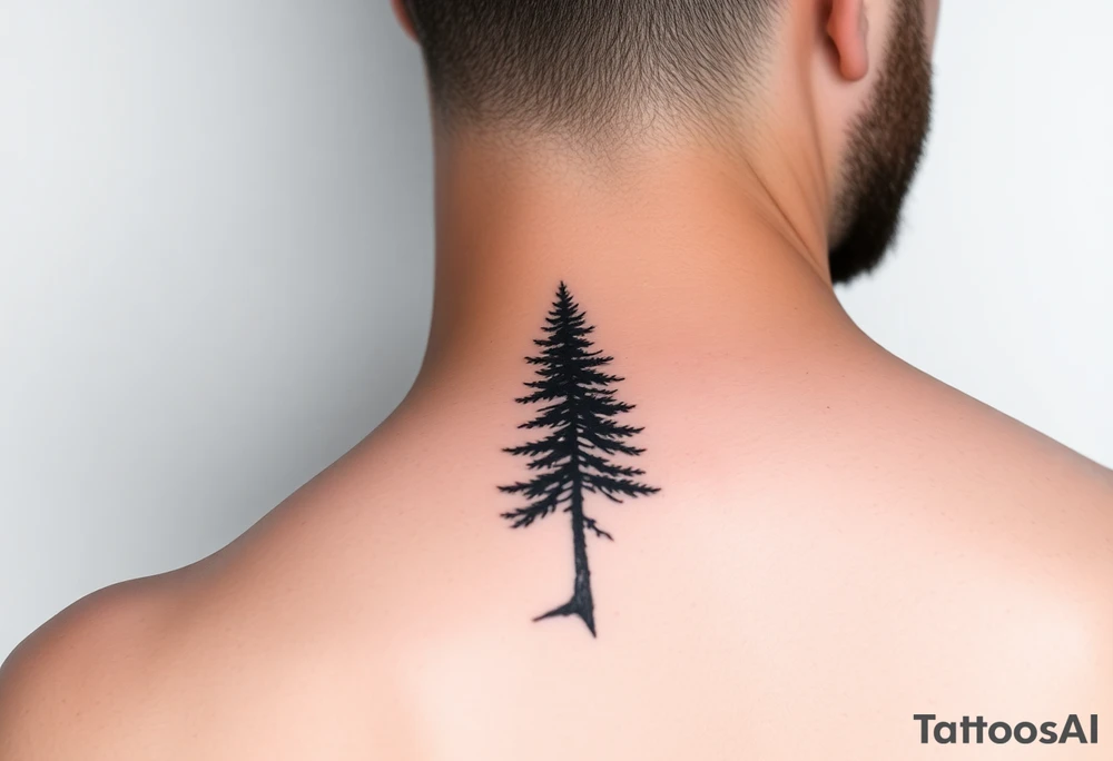 a minimalist tattoo of a douglas fir tree, combined with a band around the left forearm which connects at the bottom of the trunk of the tree tattoo idea