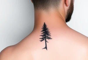 a minimalist tattoo of a douglas fir tree, combined with a band around the left forearm which connects at the bottom of the trunk of the tree tattoo idea