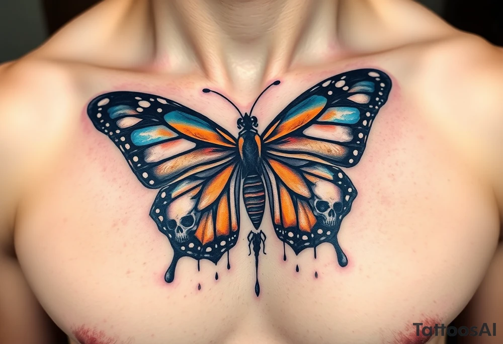 powerful majestic and dark monarch butterfly with  graffiti skull detail as the body hidden skulls in wings, skull detail making the body of the butterfly with a horror style effect, including blue,  orange and white colouring
placement on chest at collarbone tattoo idea