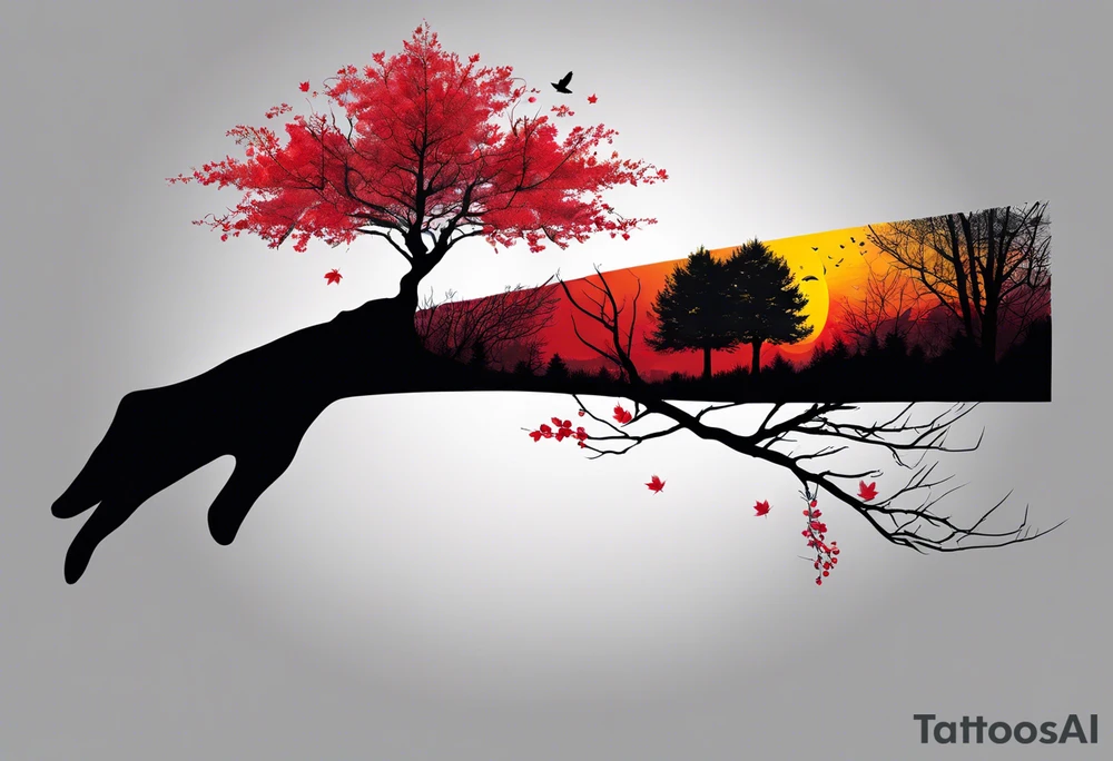 trash polka style. Arm tattoo. Long tattoo. Full sleeve. Shoulder. A single large maple tree with red autumn leaves that branches upwards from wrist to shoulder. White-throated dipper bird on the trees branches. Calluna flowers at the base of the trees stem. Tree stem has dark colors. Red/yellow sunset behind the trees stem. Leaves falling. tattoo idea
