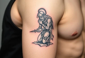 Weary warrior kneeling taking a break tattoo idea