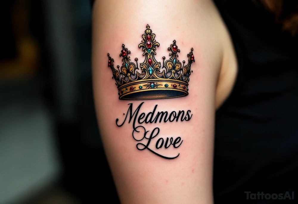 Baroque-style crown designs with gold and ruby detailing, sitting atop script names. tattoo idea