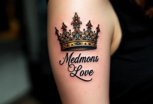 Baroque-style crown designs with gold and ruby detailing, sitting atop script names. tattoo idea