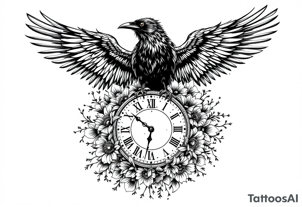 mandala winged black raven surrounded by flowers standing on a clock face tattoo idea