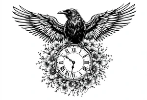 mandala winged black raven surrounded by flowers standing on a clock face tattoo idea