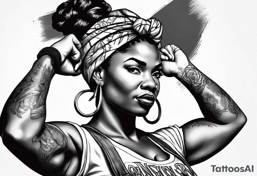 Beautiful black Rosie the riveter, making a muscle, realistic, wearing a bandanna, tied backwards,single mom, perseverance, dedication, loyal, African, strength, matriarch, tattoo idea