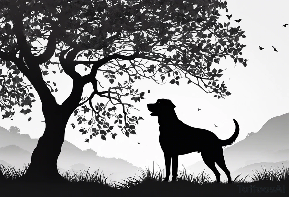 Silouette of a black lab under a tree curved to right. No detail on lab. Lab drawn to scale. tattoo idea