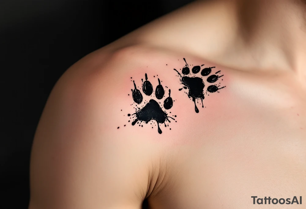 Inky Brushstroke Paw Prints – Artistic black ink splashes and rough brushstroke texture surrounding each paw, evoking movement and creative spirit. tattoo idea