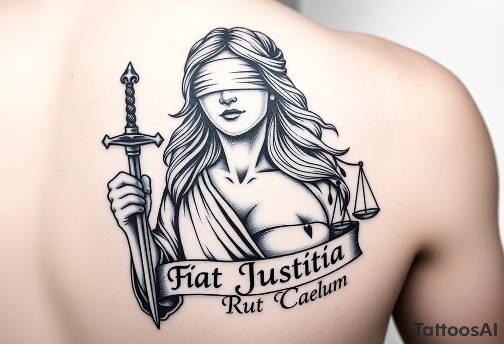 A striking black and grey tattoo design of a regal, blindfolded woman, symbolizing justice. She has an air of strength and wisdom, with flowing hair and a serene yet powerful expression. One breast must be exposed, representing vulnerability and truth. She holds a sword in one hand, symbolizing enforcement of justice, and a set of scales in the other, signifying balance. The Latin phrase ‘Fiat Justitia Ruat Caelum’ is elegantly inscribed in a classical, Roman-inspired font, either flowing beneath her or wrapping around the design. The overall style is a fusion of realism and fine-line tattoo artistry, with intricate shading and dramatic contrasts to give depth and texture. make it to fit the upper right arm and ensure the nipple is exposed to represent vulnerability tattoo idea