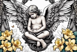 sad angel child on swing with sagging wings, head down surrounded by lily, daffodil, rose, daisy, narcissus tattoo idea