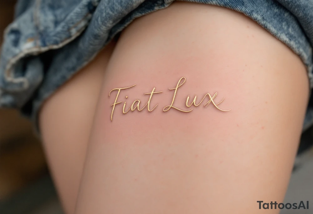 "Fiat Lux" (Let there be light), in cursive using light gold ink and pale gray shadows for contrast. tattoo idea