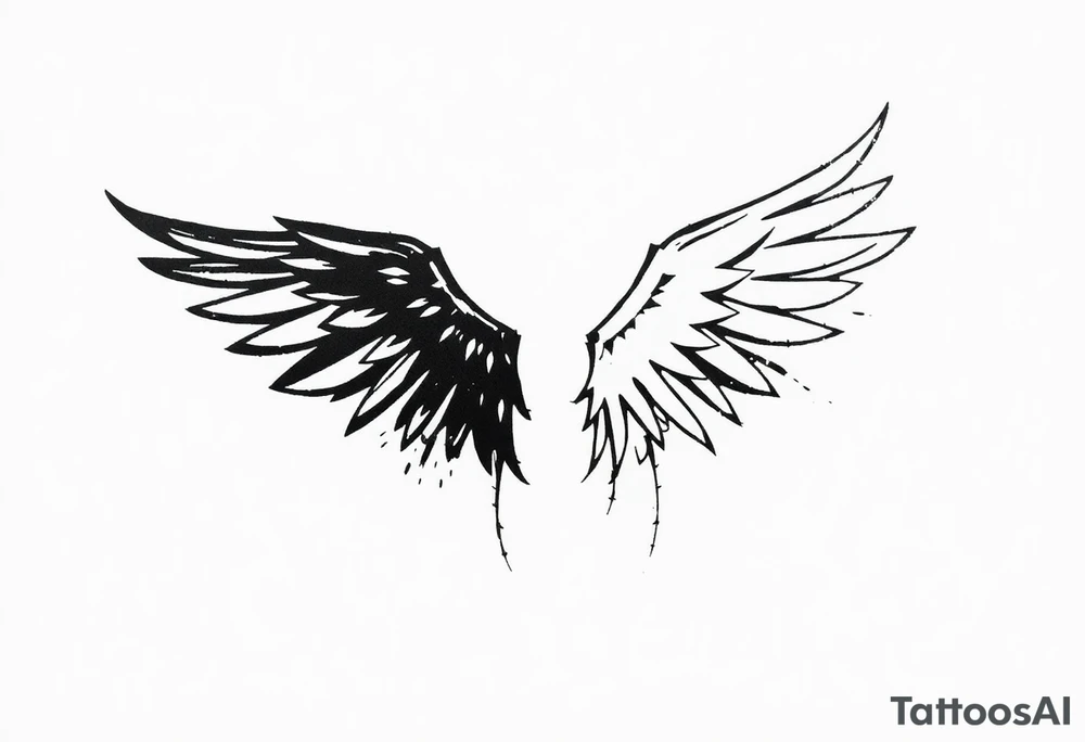 This tattoo design features a pair of asymmetrical angel wings drawn in black ink with a rough, sketch-like style. The left wing is darker, more defined, and appears denser, while the right wing is lighter, more delicate, and fragmented, creating a contrast between the two. The feathers are sharp and irregular, with fine lines and stray strokes extending outward, adding a raw and artistic feel. The overall look is dynamic and slightly chaotic, giving the impression of movement or an unfinished, ethereal form. This design symbolizes duality, freedom, transformation, or even struggle, making it a meaningful and visually striking tattoo. tattoo idea