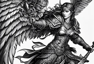 tattoo design containing the following objects: tattoo design containing the following subjects: 
warrior figure, angel tattoo idea