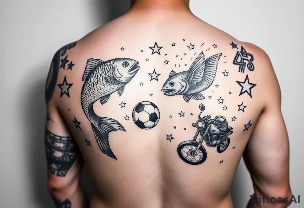 design a quarter sleeve memorial tattoo for my younger brother who died. Use fish, soccer, boxing, motorcycles and stars for design tattoo idea