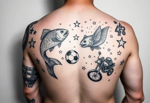 design a quarter sleeve memorial tattoo for my younger brother who died. Use fish, soccer, boxing, motorcycles and stars for design tattoo idea