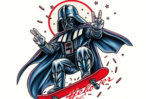 MEMORY TATTOO
Darth Vader skateboarding with hand signal hello in heaven, outdoors, bullets, star wars>blue and red 
"Darth Carter"
12/29/88-01/06/24 tattoo idea