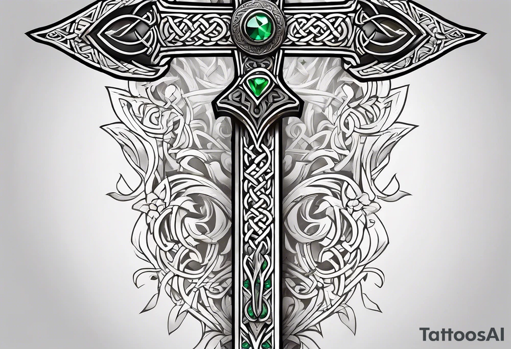 A Celtic dagger with an oak hilt turned upright and emerald gemstones on it tattoo idea