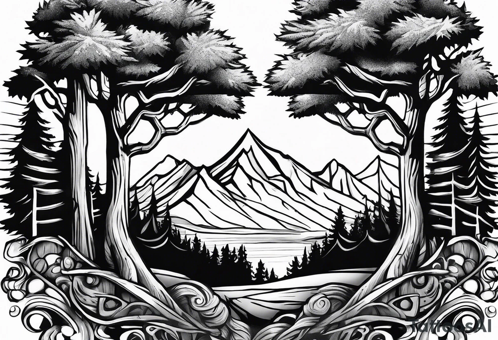Yew trees with ullr in background tattoo idea