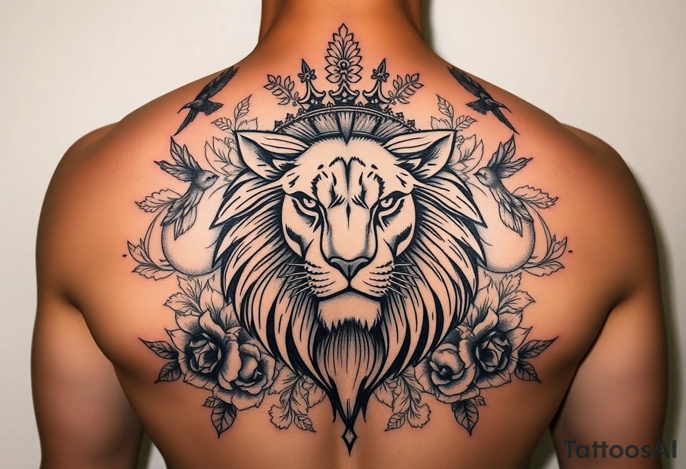powerful majestic lion with a crown, surrounded by floral ornaments and birds tattoo idea