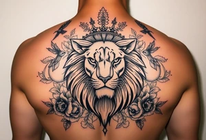 powerful majestic lion with a crown, surrounded by floral ornaments and birds tattoo idea