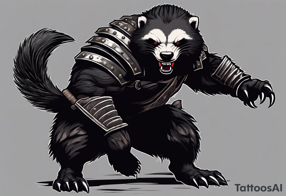 Draw me psychopath Honey Badger/Berserker with aggressive full body, killer face with a scary smile, very long nails and he attacks like a Bloody Assassin/Warrior/Gladiator to us and also, he has very deadly looking. He fights with his nails only. Everybody scares after their first sight. Give me horror type Badger Tattoo. I want to see his Realistic full body with no weapons. You can show destruction at the back. tattoo idea
