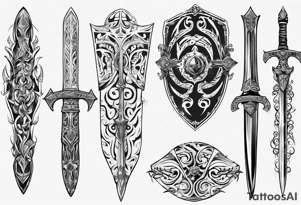 Sword and shield filigree tattoo idea