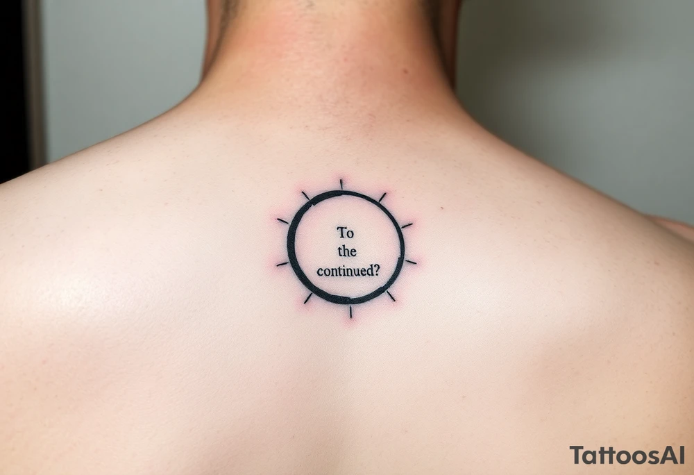 "Black circle tattoo (3cm) with barely visible 'To be continued?' around edge. Like a punctuation mark on skin." tattoo idea