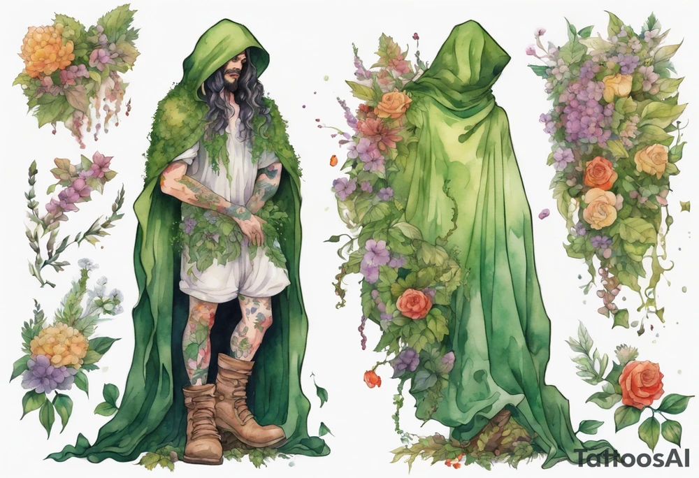 Dionysus covered in flowers and leaves wearing a cloak and mossy boots tattoo idea