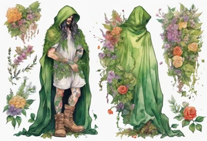 Dionysus covered in flowers and leaves wearing a cloak and mossy boots tattoo idea