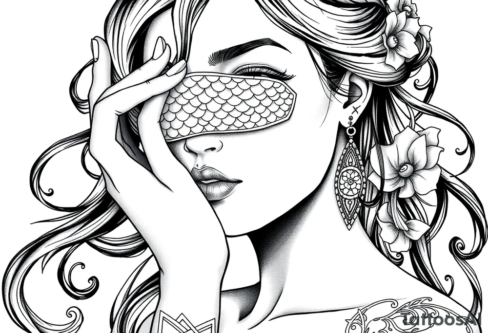 Fortuna as a beautiful woman with covered eyes by some material. She holds a scale tattoo idea