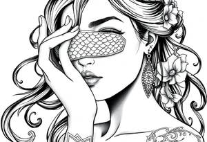 Fortuna as a beautiful woman with covered eyes by some material. She holds a scale tattoo idea