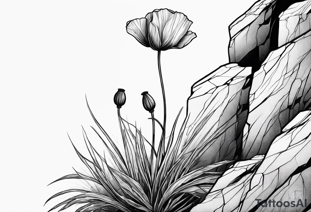 poppy plant growing out of sharp rock tattoo idea