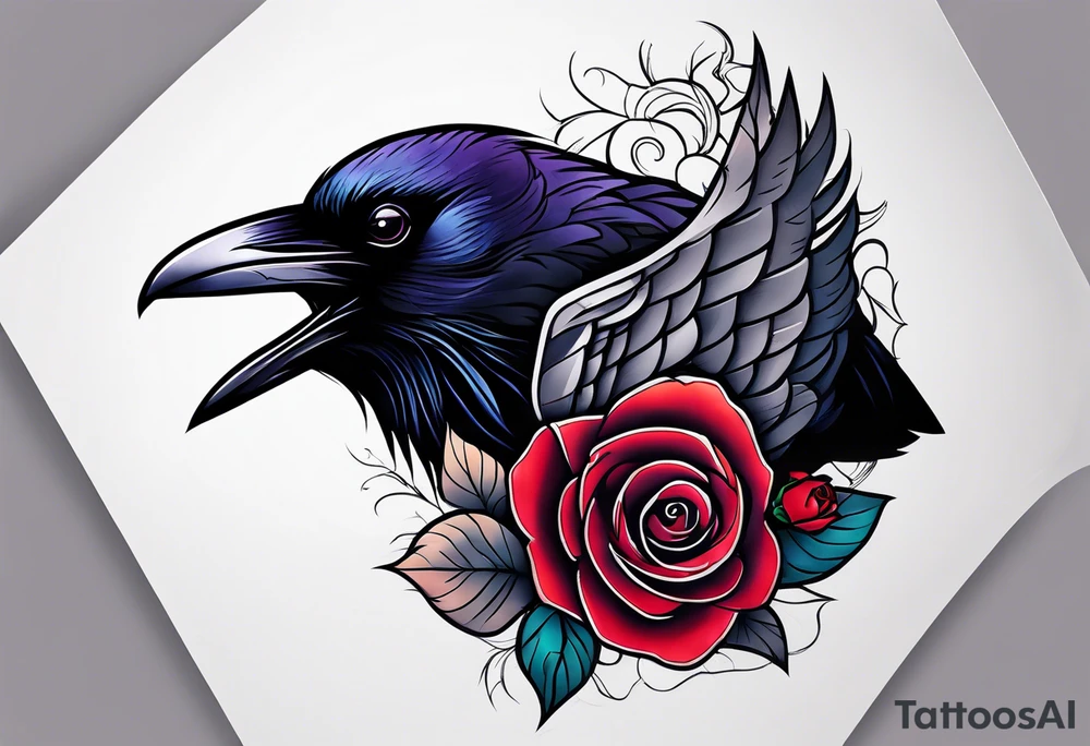 Raven looking back over shoulder with a rose underneath it tattoo idea