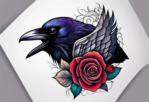 Raven looking back over shoulder with a rose underneath it tattoo idea