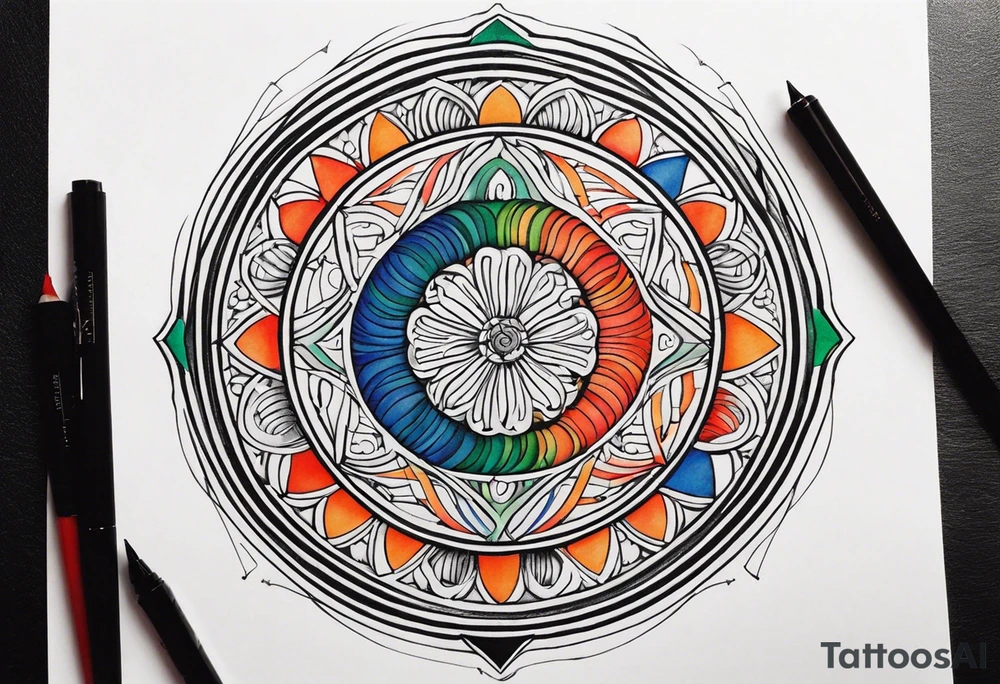 circular swirl of red, blue, orange, and green stripes tattoo idea